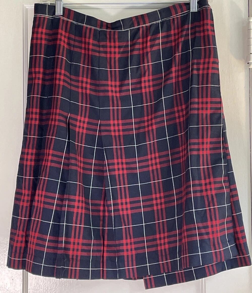 Lands End Wrap Skirt Womens Sz 14 Red Plaid Knee Length